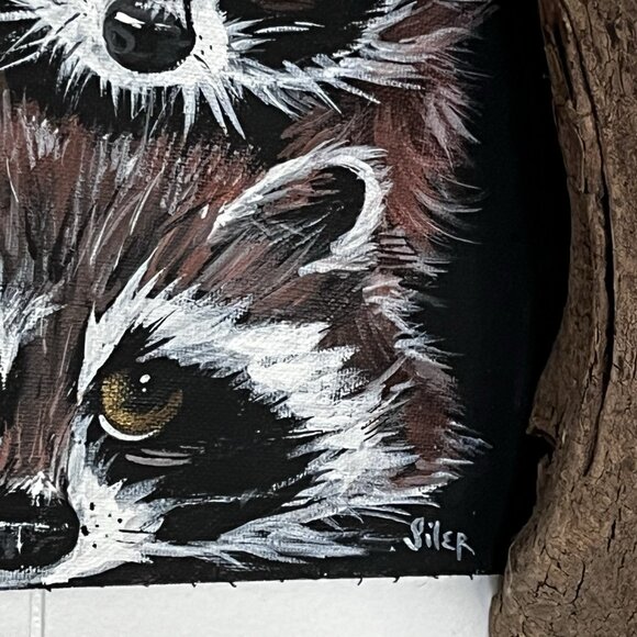 Rustic Hand Painted Raccoon Folk Art Wood Branch Frame Dimensional signed - Picture 4 of 13
